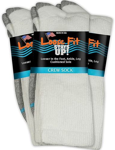 3Pack of Loose Fit Stays Up Casual Crew Socks to Size 19 in 4 Colors USA Made