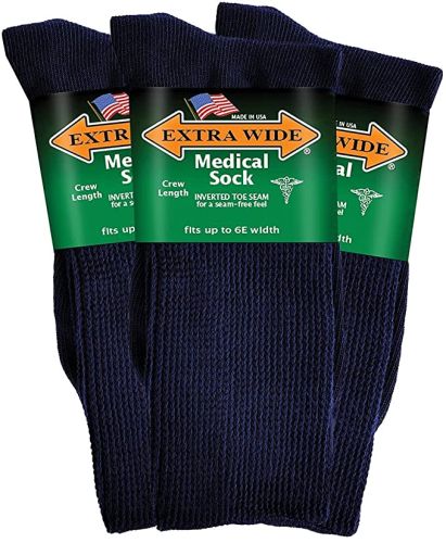3Pack of Extra Wide Medical Crew Socks to Size 16 and 6E Widths in 4 Colors USA Made