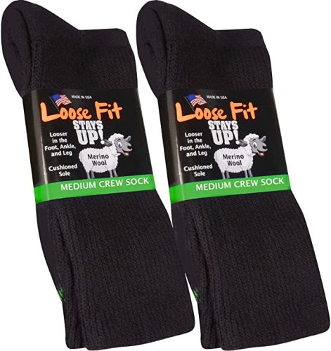 2Pack of Loose Fit Solid Merino Wool Crew Socks to Size 19 in 2 Colors USA Made