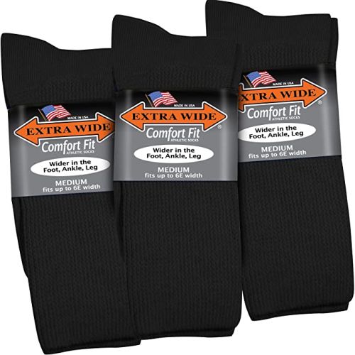3Pack of Extra Wide Athletic Crew Socks to Size 21 and 6E Widths in 4 Colors USA Made