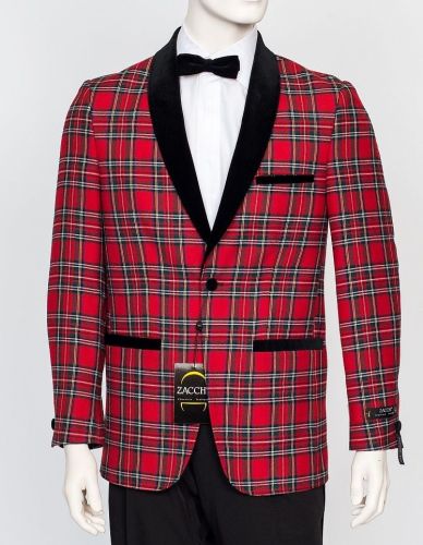 Christmas Red Tartan Plaid Sport Coat with Velvet Collar to Size 56 Reg and Long with Matching Bow Ties